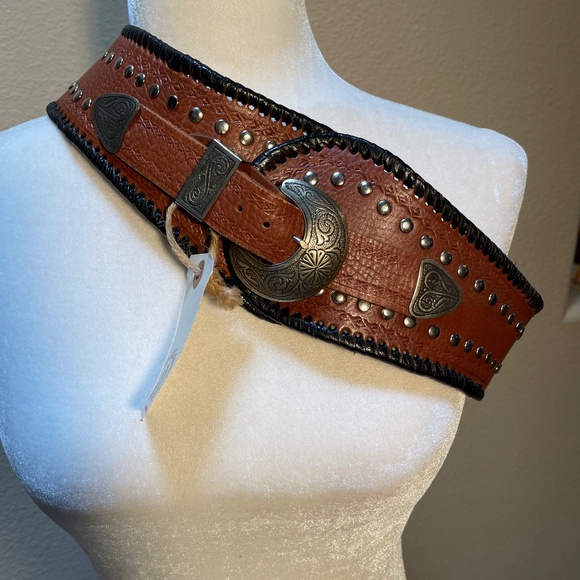 NEW! Western Wide Two tone Studded Leather Belt Black Brown NWT!